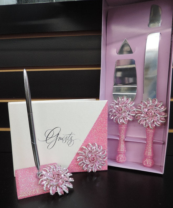 Light Pink Glitter Three Piece Brooch Wedding Set - Guestbook, Pen, Knife & Server Set