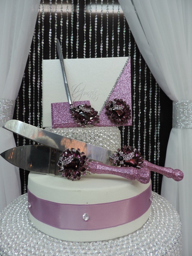 Rose Pink Glitter Three Piece Wedding Set - Guestbook, Pen, Knife & Server Set