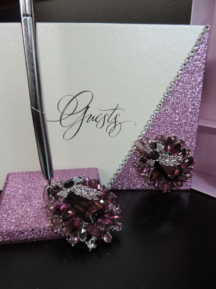Rose Pink Glitter Three Piece Wedding Set - Guestbook, Pen, Knife & Server Set