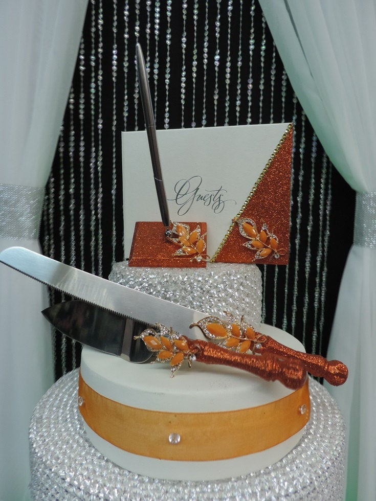 Burnt Orange Glitter Three Piece Wedding Set - Guestbook, Pen, Knife & Server Set