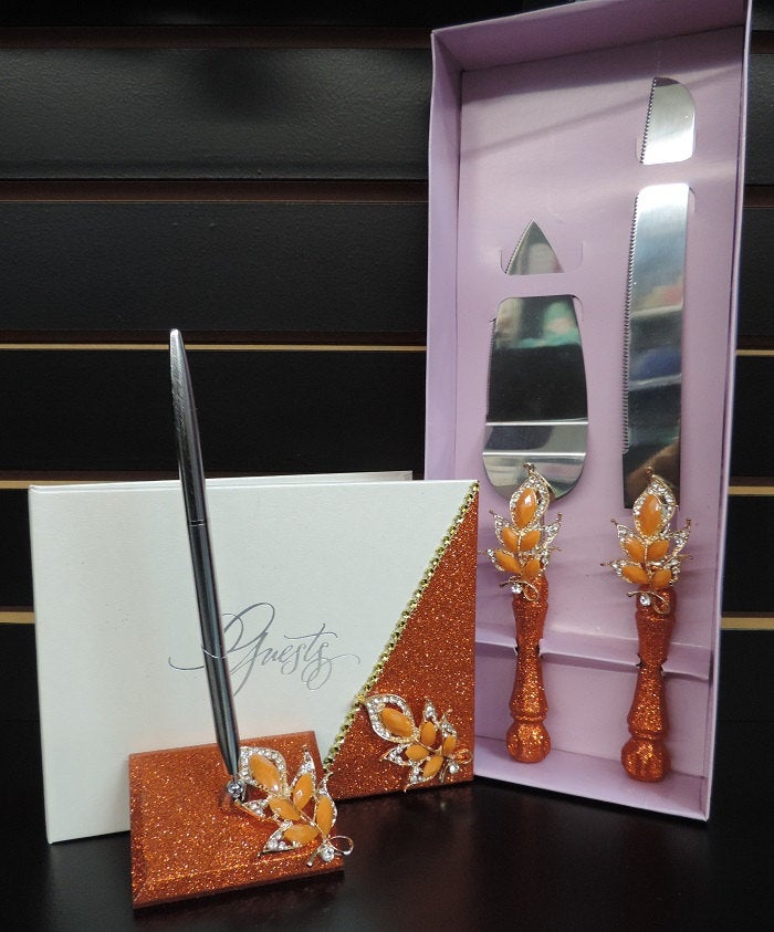 Burnt Orange Glitter Three Piece Wedding Set - Guestbook, Pen, Knife & Server Set