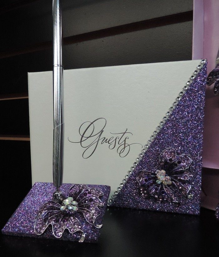 Purple Multi Glitter Butterfly Three Piece Wedding Set - Guestbook, Pen, Knife & Server Set