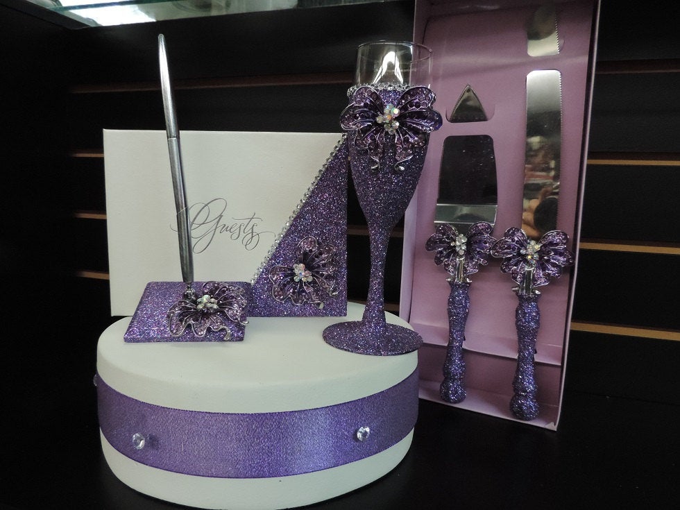 Purple Multi Glitter Butterfly Three Piece Wedding Set - Guestbook, Pen, Knife & Server Set