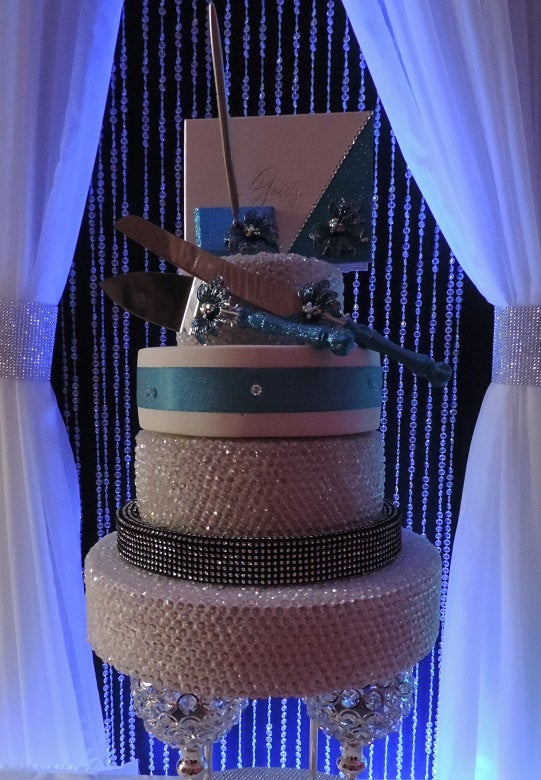Turquoise Glitter/Butterfly Three Piece Wedding Set - Guestbook, Pen, Knife & Server Set