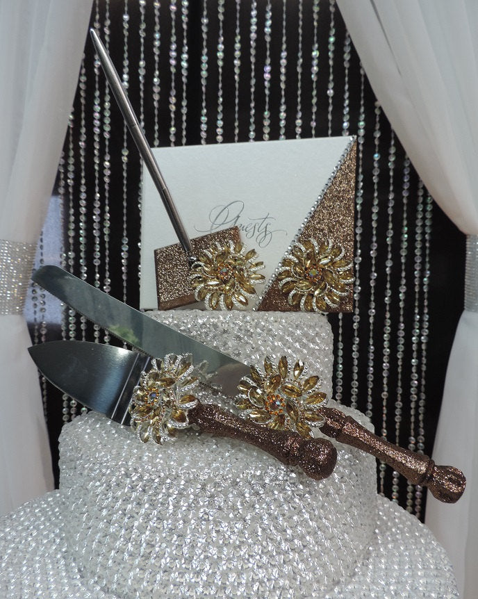 Champagne Glitter Three Piece Wedding Set - Guestbook, Pen, Knife & Server Set