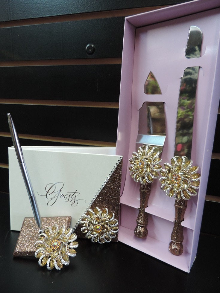 Champagne Glitter Three Piece Wedding Set - Guestbook, Pen, Knife & Server Set