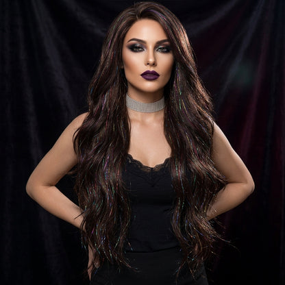 Carmella in Cosmic Mocha | 24" Deep Brown Wavy Wig with Tinsel