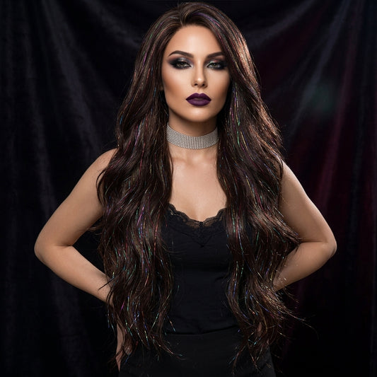 Carmella in Cosmic Mocha | 24" Deep Brown Wavy Wig with Tinsel