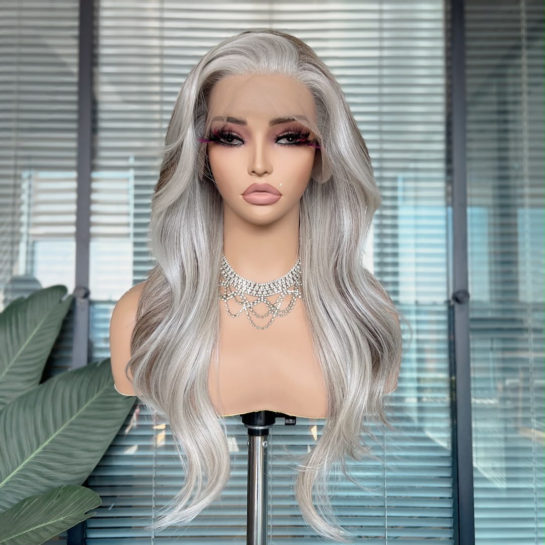 Electra in Midnight Frost | 22" Grey/Brown Wavy Lace Front Wig