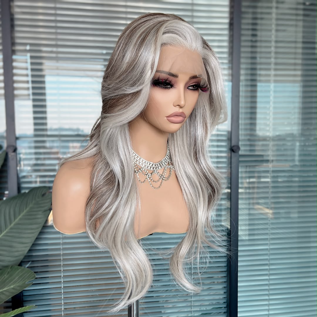 Electra in Midnight Frost | 22" Grey/Brown Wavy Lace Front Wig