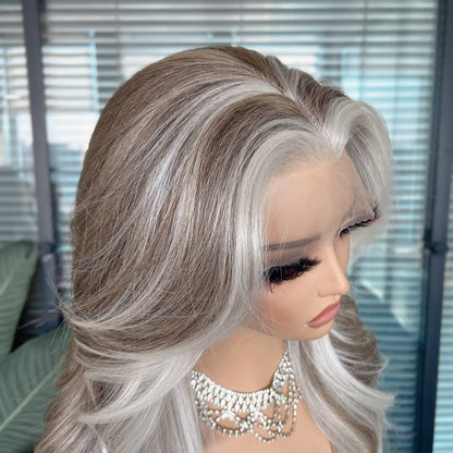 Electra in Midnight Frost | 22" Grey/Brown Wavy Lace Front Wig