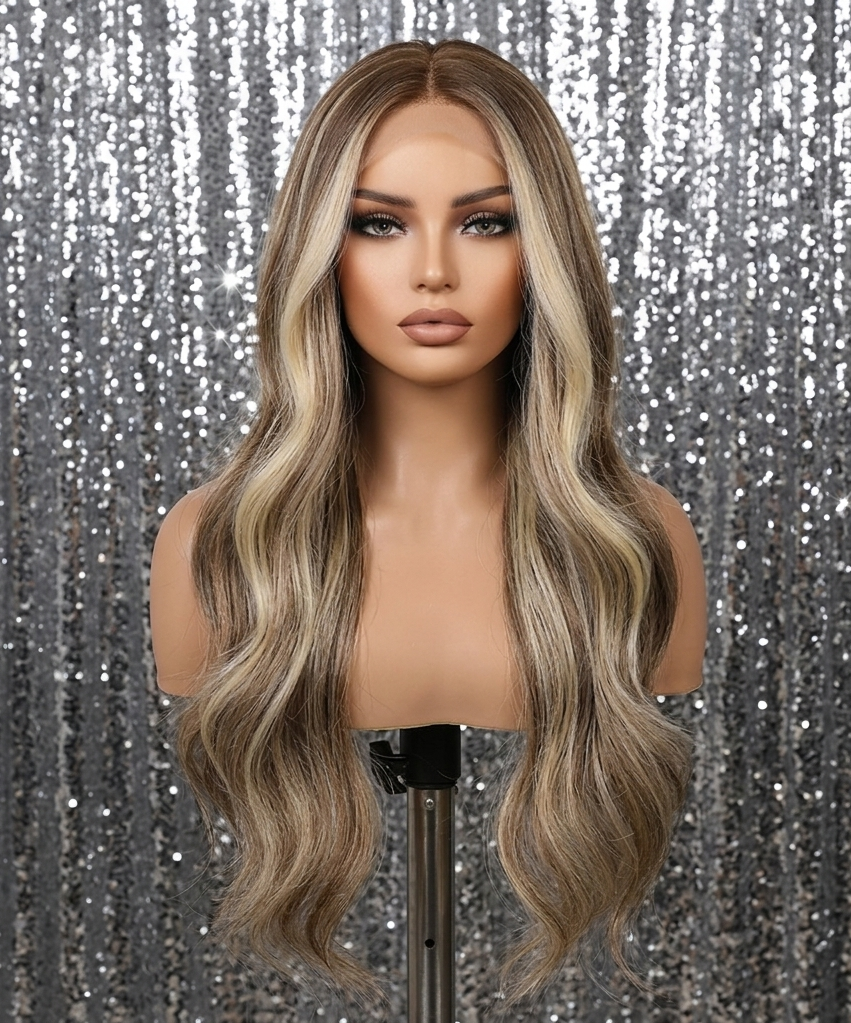 Alexis in Salted Caramel | 26" Long Wavy Brown Highlighed Lace Front Wig