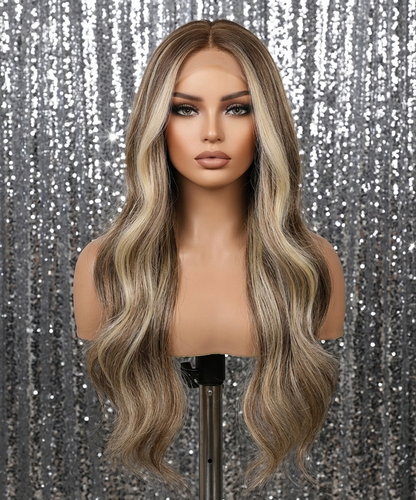 Alexis in Salted Caramel | 26" Long Wavy Brown Highlighed Lace Front Wig