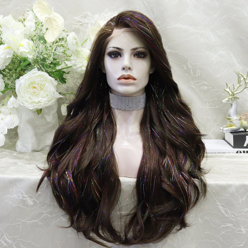 Carmella in Cosmic Mocha | 24" Deep Brown Wavy Wig with Tinsel