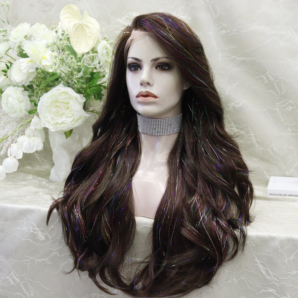 Carmella in Cosmic Mocha | 24" Deep Brown Wavy Wig with Tinsel