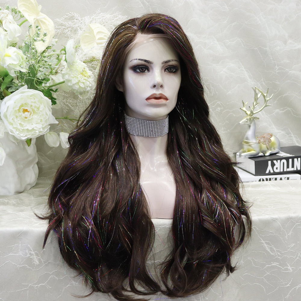 Carmella in Cosmic Mocha | 24" Deep Brown Wavy Wig with Tinsel