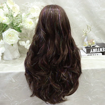 Carmella in Cosmic Mocha | 24" Deep Brown Wavy Wig with Tinsel
