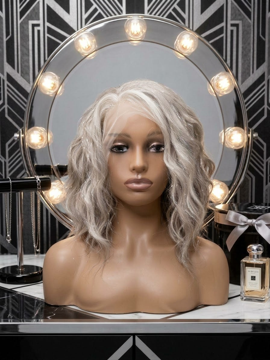 Vixen in Silver Dust Ash | 14" Wavy Ash Blonde Wig with Tinsel