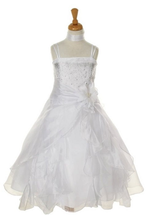 Organza Side Gather Flowergirl Dress - White