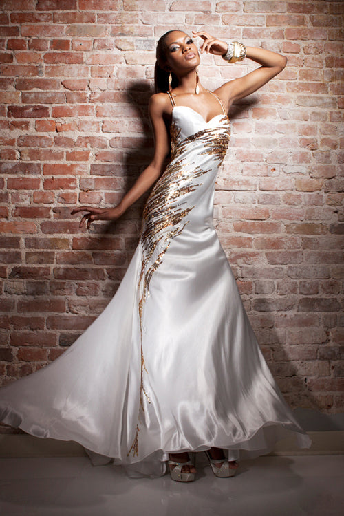 Tony Bowls Paria Elegant Satin Gown 113704 Ivory/Gold