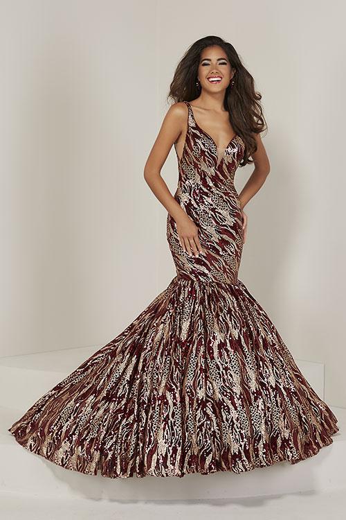 Tiffany Designs Zebra Sequin Mermaid Dress 16361 Wine/Gold