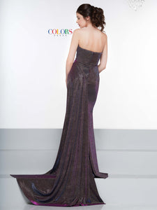 Colors Dress Glitter Stretch Gown with Train 2076 Fuchsia/Multi
