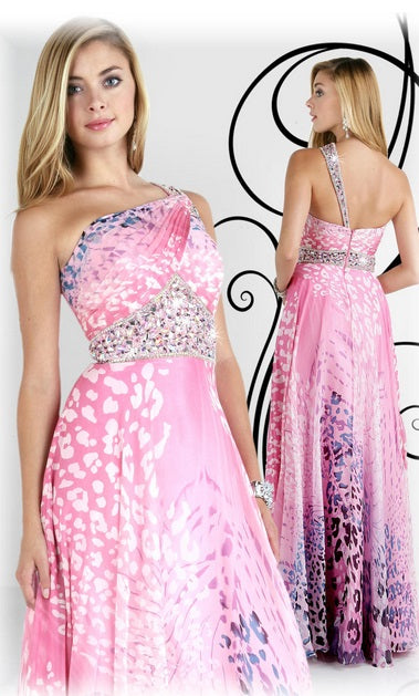 Xcite Prom Leopard Chiffon Print Grad Dress 30248 Pink/Multi