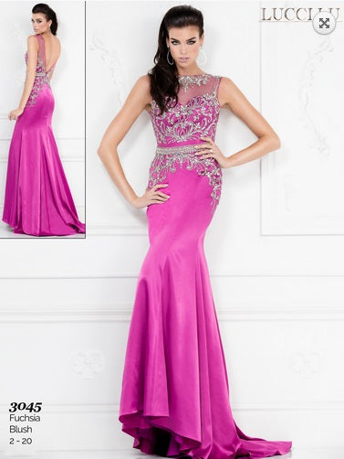 Lucci Lu Rhinestone Fitted Low Back Dress 3045 Fuchsia