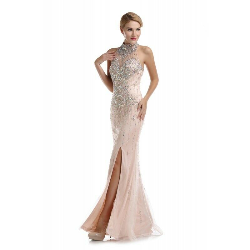 Romance Rhinestone Halter Grad Prom Dress RM5079 Peach