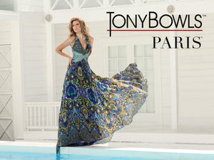 Tony Bowls Paris Print Chiffon Prom Dress 115750 Royal/Multi