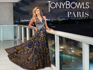Tony Bowls Paris Print Chiffon Prom Dress 115750 Royal/Multi