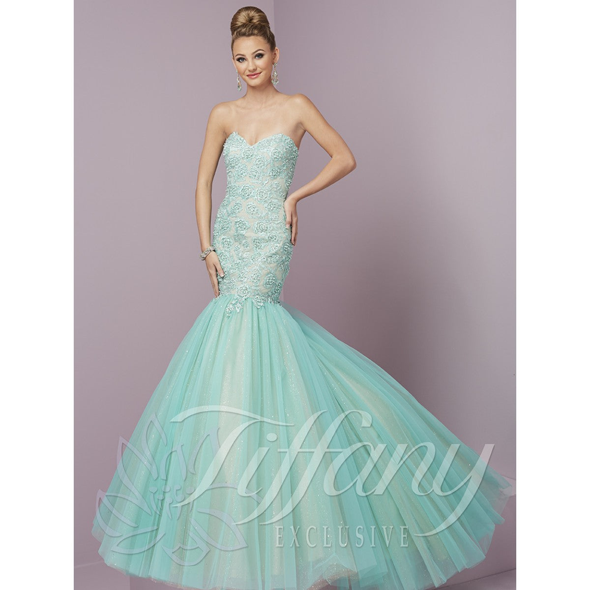 Tiffany Designs Tulle Mermaid Gown 46088 Aqua/Nude