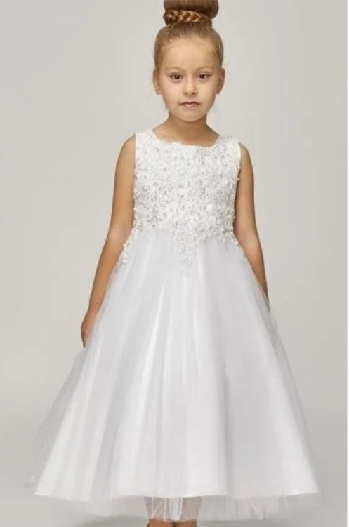 Tulle Flowergirl Pearl & Lace Bodice - White