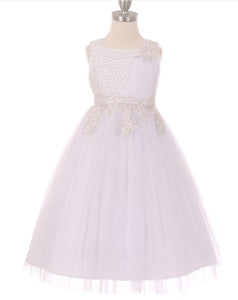 Tulle Flowergirl Pearl Ruched Bodice - White