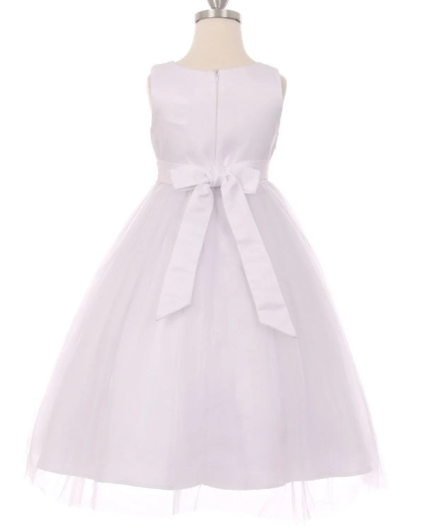 Tulle Flowergirl Pearl Ruched Bodice - White