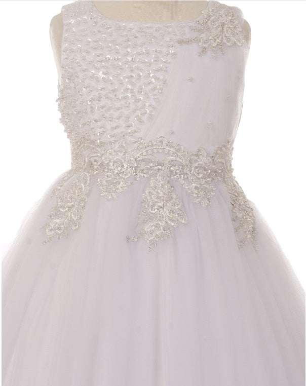 Tulle Flowergirl Pearl Ruched Bodice - White