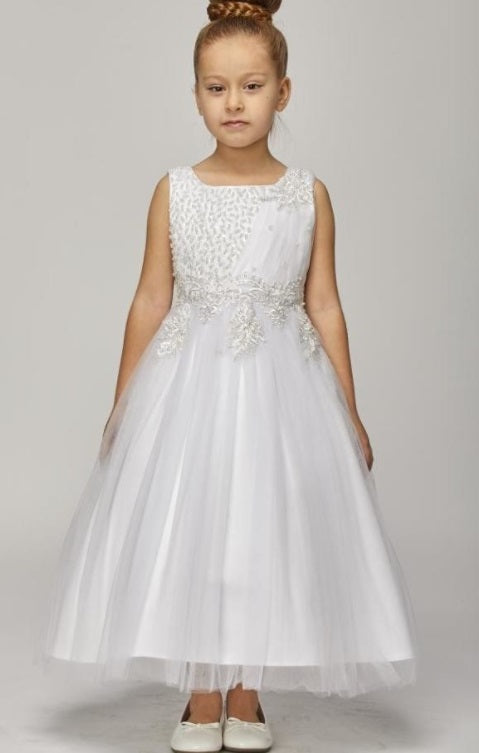 Tulle Flowergirl Pearl Ruched Bodice - White