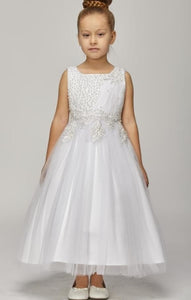 Tulle Flowergirl Pearl Ruched Bodice - White