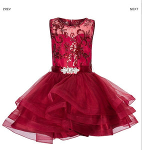 Sequin Top w/ Ruffle Skirt Girl's Dress - Burgandy