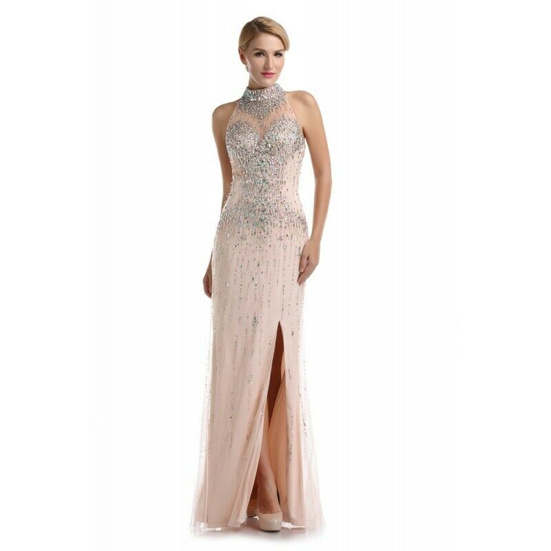 Romance Rhinestone Halter Grad Prom Dress RM5079 Peach