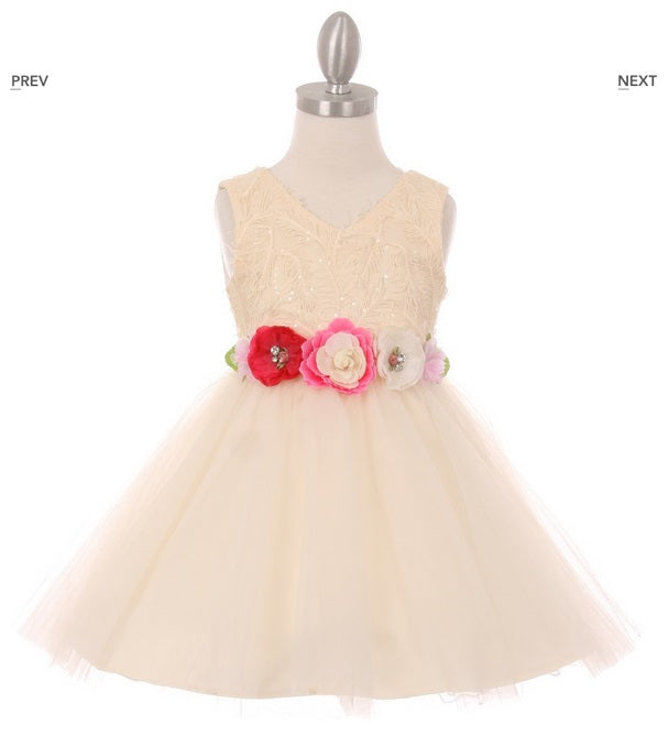 Tulle Flowergirl Dress with Floral Belt - Champagne