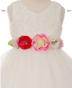 Tulle Flowergirl Dress with Floral Belt - White