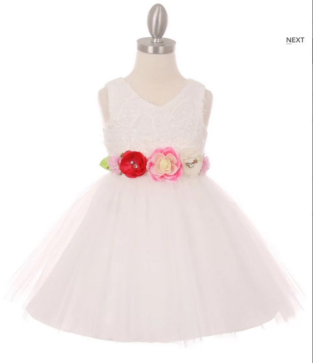 Tulle Flowergirl Dress with Floral Belt - White