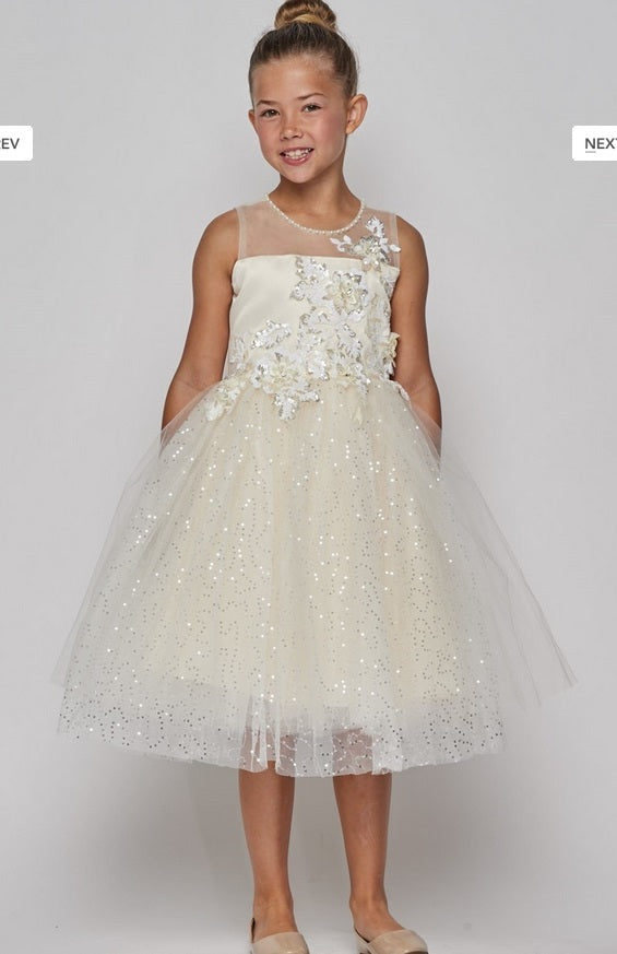 Sequin Tulle & Floral Flowergirl Dress - Ivory