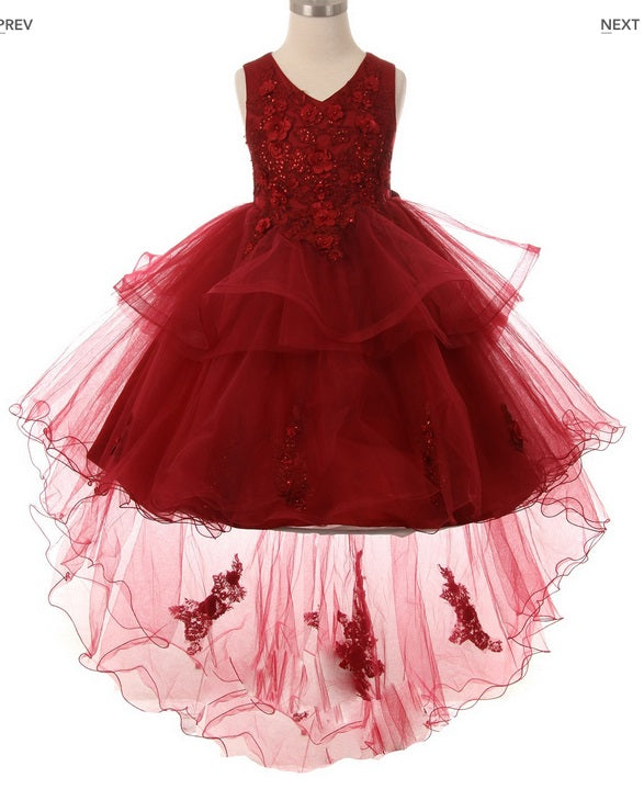 Layered High Low Flowergirl Dress - Burgundy