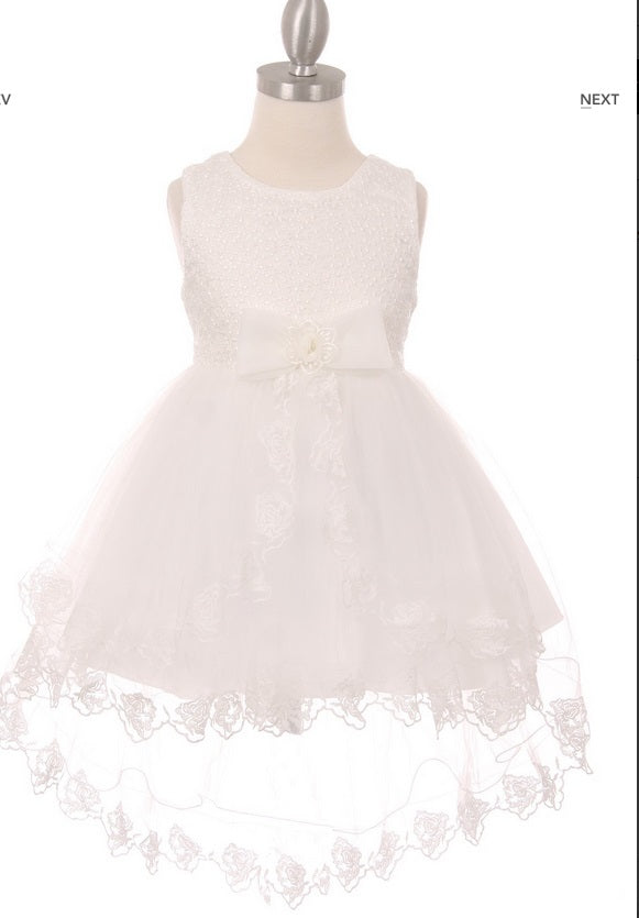 Lace High Low Flowergirl Dress with Bow - White