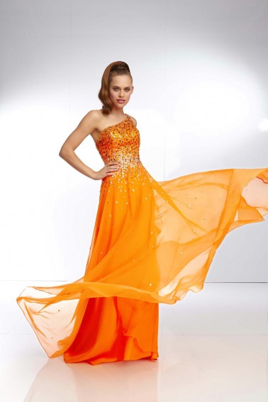 Morilee Neon Orange Chiffon One Shoulder Gown 95023