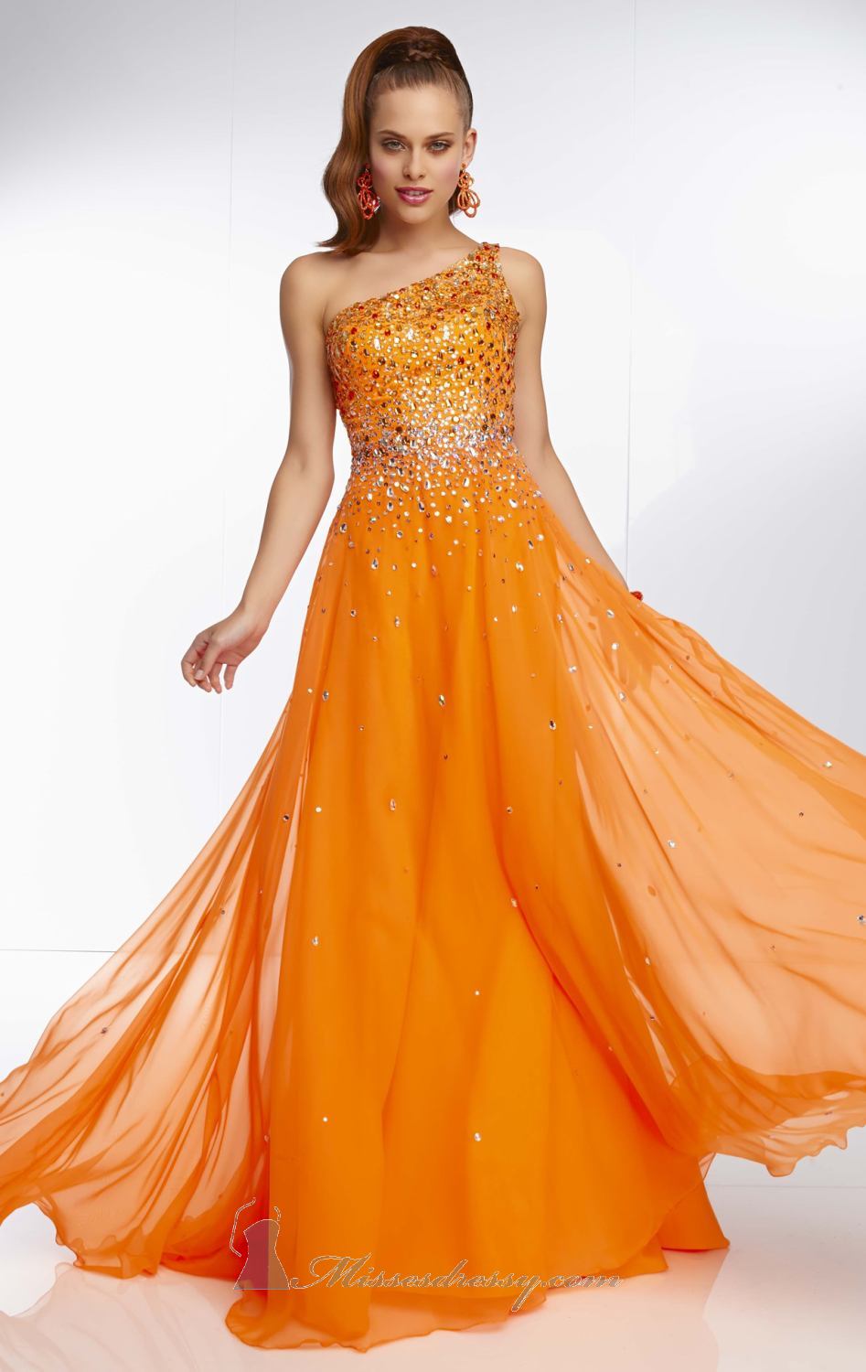 Morilee Neon Orange Chiffon One Shoulder Gown 95023