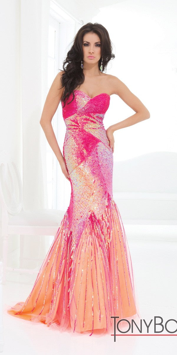 Tony Bowls Evenings Beaded Mermaid Gown TBE11402 Fuchsia/Orange