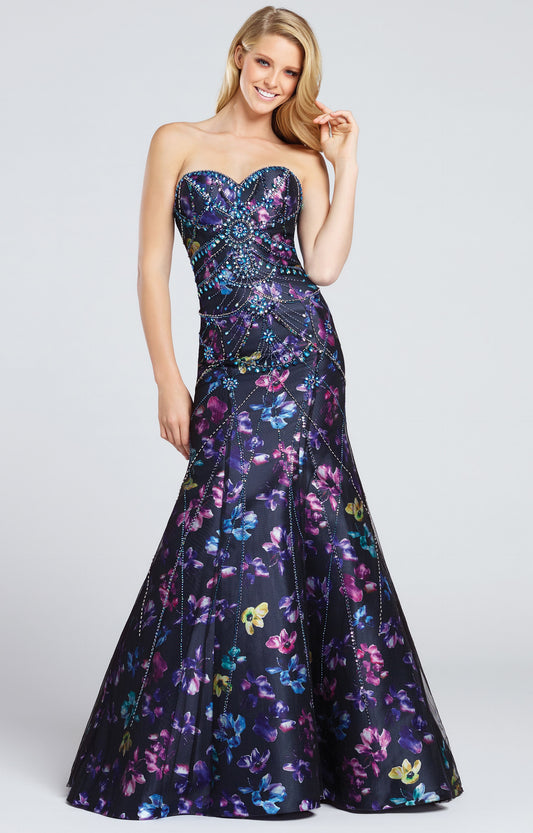 Ellie Wilde Floral Print Mermaid Grad Dress EW117007 Black Multi